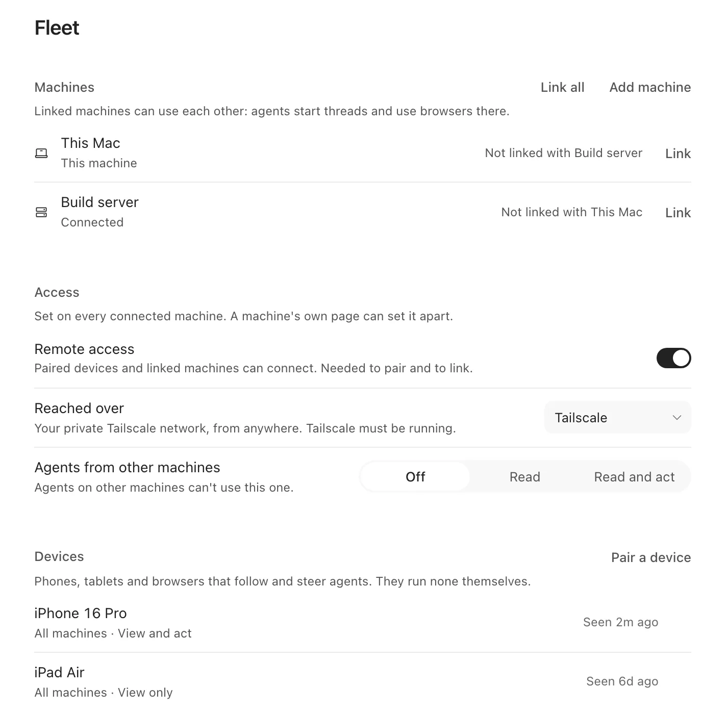 ace's Fleet settings: two machines, This Mac and a build server, with Link buttons; remote access reached over Tailscale; and paired devices, an iPhone with view and act access and an iPad with view only.