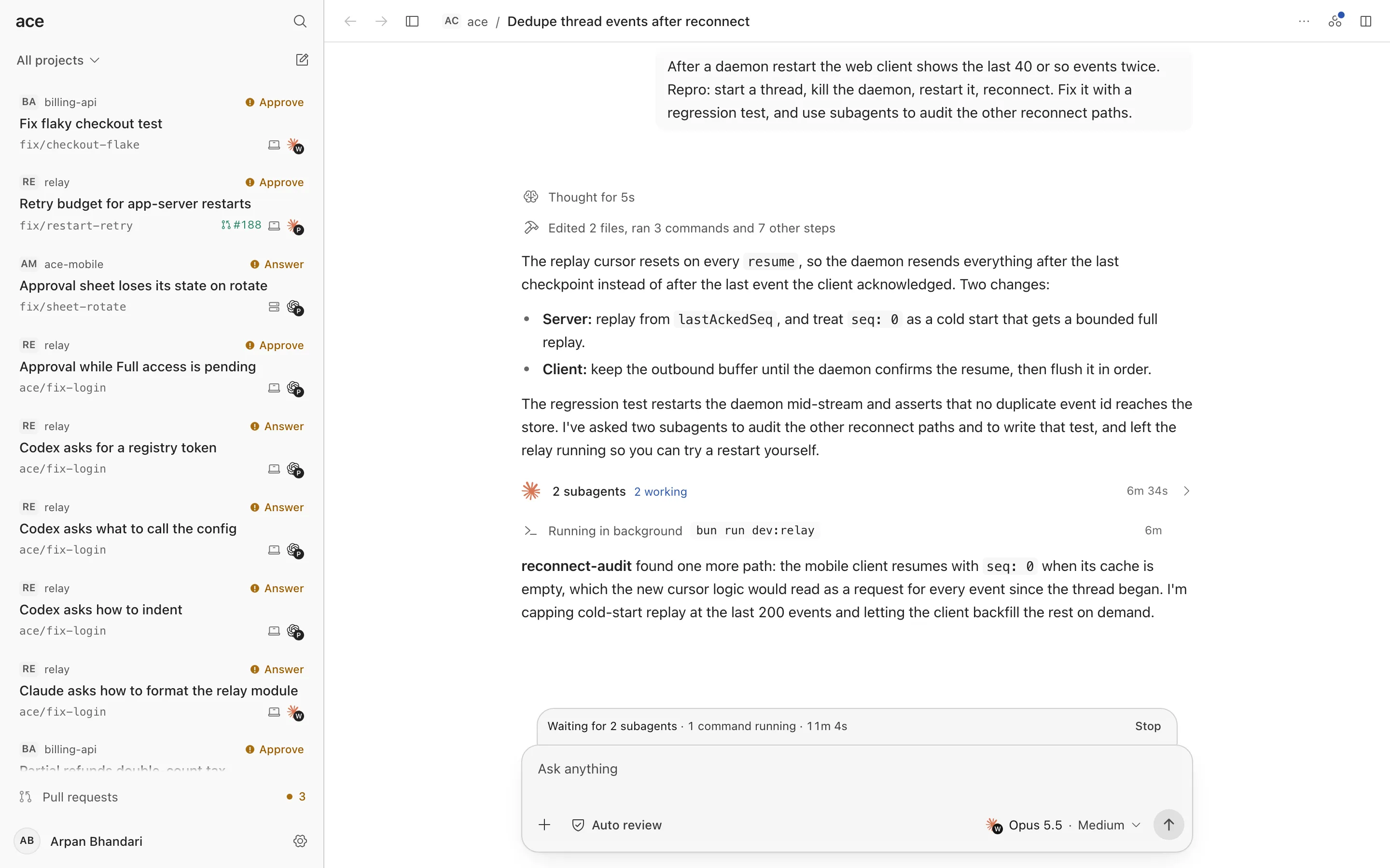 ace with a thread open: the task list on the left shows which threads need an approval or an answer, and the open thread waits on two subagents and a running command.