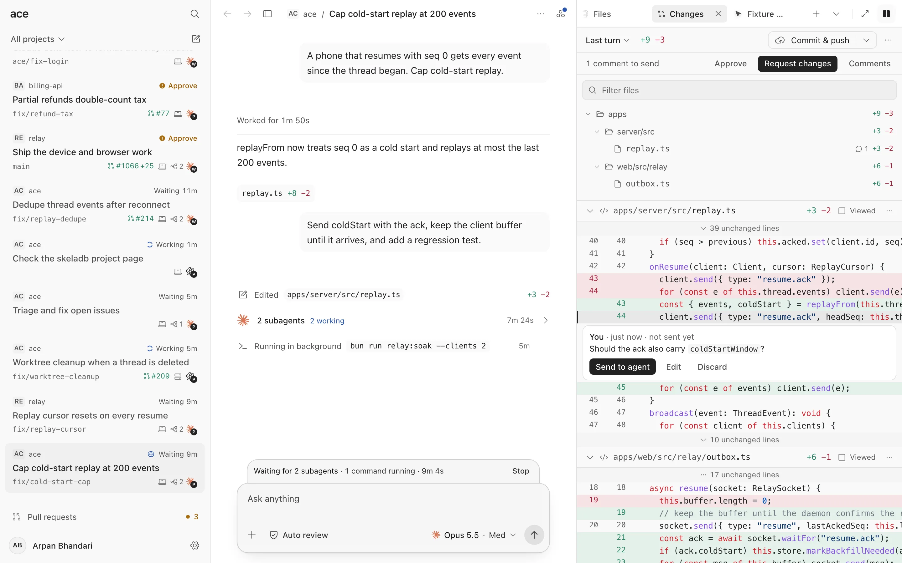 A thread with its Changes panel open: a file tree with added and removed line counts, a diff, and a line comment ready to send to the agent.