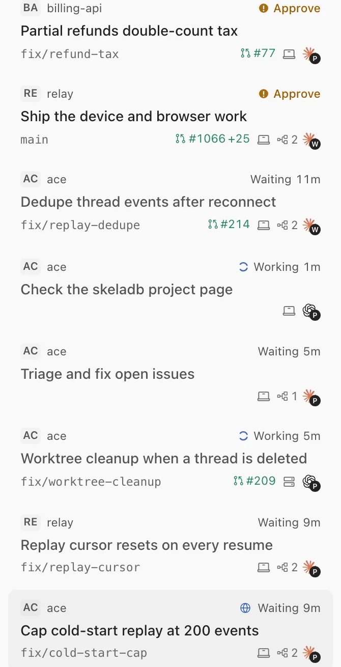 The ace task list: threads across projects, each with its status word and elapsed time, branch, pull request and agent.